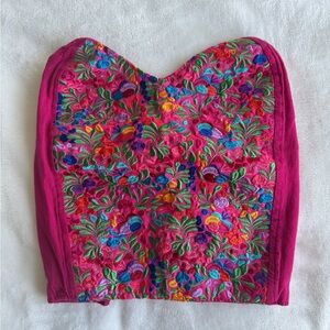 Pink floral embroidered bustier corset top from Mexico - one size